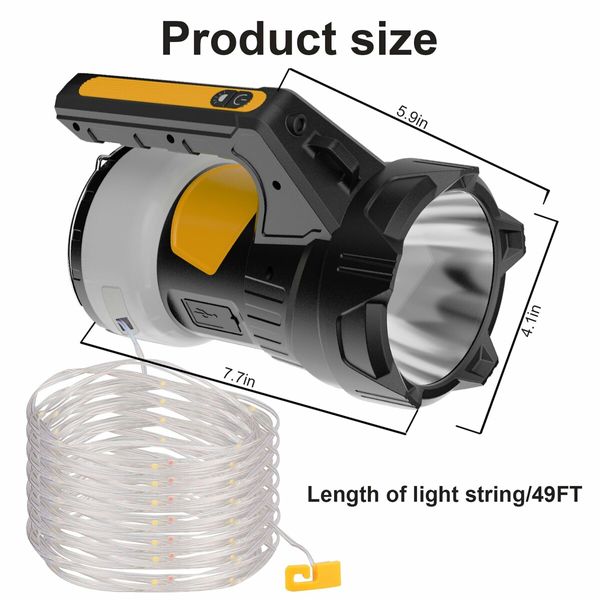 Camping Lanterns Rechargeable 2-in-1 Spotlight flashlights with 14.5 M LED Light String,4 Spot Modes and 6 Camping Modes for Yard