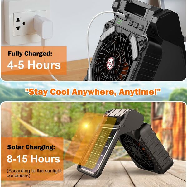 Solar Powered Camping Fan,Portable Fan Rechargeable with Lights,4 Speeds & 3 Timer, Battery Operated for Travel Tent Fishing Office