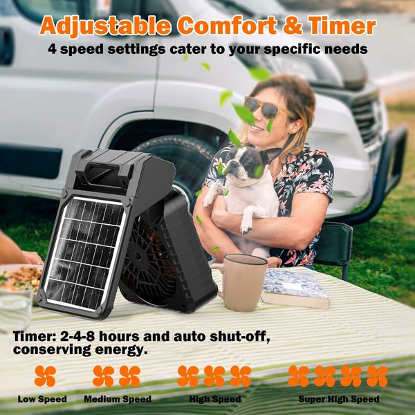 Solar Powered Camping Fan,Portable Fan Rechargeable with Lights,4 Speeds & 3 Timer, Battery Operated for Travel Tent Fishing Office