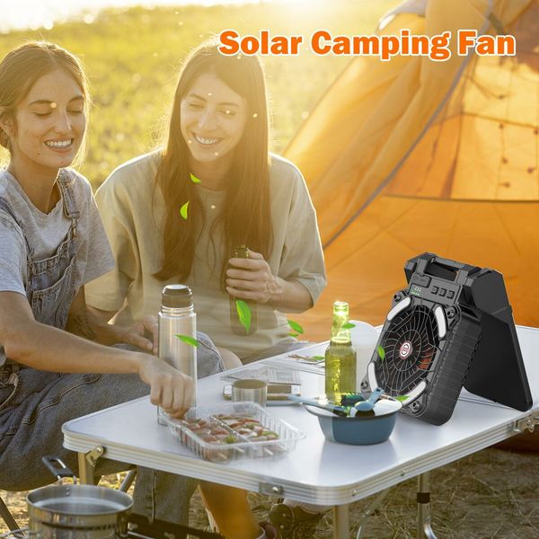 Solar Powered Camping Fan,Portable Fan Rechargeable with Lights,4 Speeds & 3 Timer, Battery Operated for Travel Tent Fishing Office