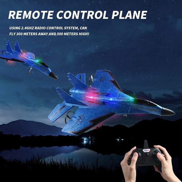 Remote Control Airplane for Kids, Radio Controlled Fighter Jet Aircraft with Automatic Balance System, Gift for Birthdays and Christmas (Blue)