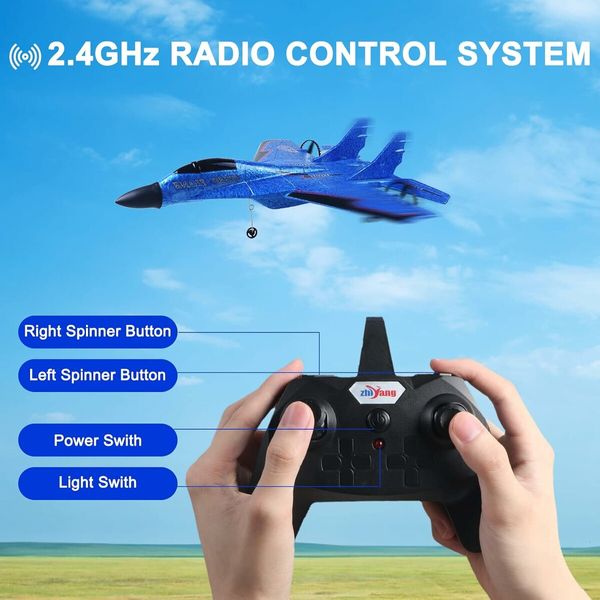 Remote Control Airplane for Kids, Radio Controlled Fighter Jet Aircraft with Automatic Balance System, Gift for Birthdays and Christmas (Blue)