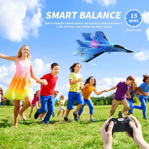 Remote Control Airplane for Kids, Radio Controlled Fighter Jet Aircraft with Automatic Balance System, Gift for Birthdays and Christmas (Blue)