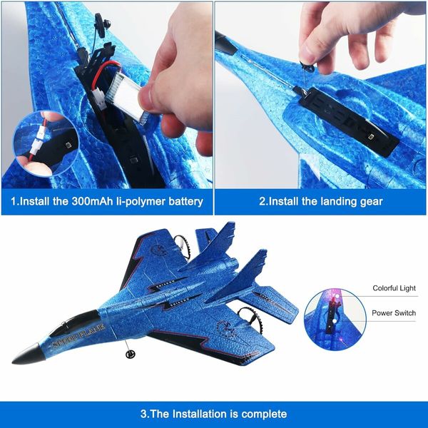 Remote Control Airplane for Kids, Radio Controlled Fighter Jet Aircraft with Automatic Balance System, Gift for Birthdays and Christmas (Blue)