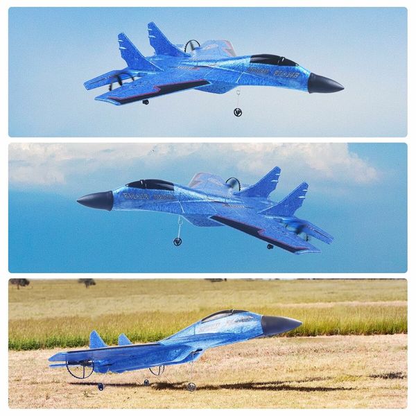 Remote Control Airplane for Kids, Radio Controlled Fighter Jet Aircraft with Automatic Balance System, Gift for Birthdays and Christmas (Blue)