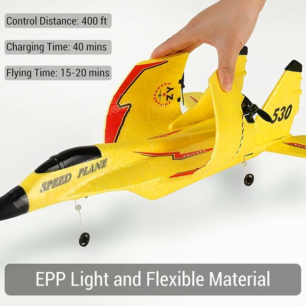 Remote Control Airplane for Kids, Radio Controlled Fighter Jet Aircraft with Automatic Balance System, Gift for Birthdays and Christmas (Yellow)