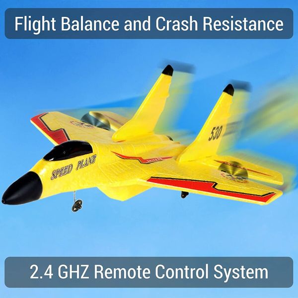 Remote Control Airplane for Kids, Radio Controlled Fighter Jet Aircraft with Automatic Balance System, Gift for Birthdays and Christmas (Yellow)