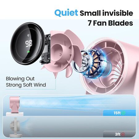 Desk Fan with Battery Operated, Quiet Digital Display Portable Fan for Office, Bedroom, Kitchen, Home, Outdoor, Pink