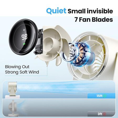 Desk Fan with Battery Operated, Quiet Digital Display Portable Fan for Office, Bedroom, Kitchen, Home, Outdoor, White