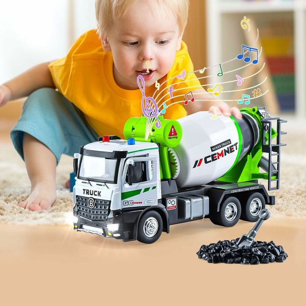 Cement Mixer Construction Toys with Sound and Light, Friction Powered Construction Truck Vehicle Toy for Toddlers, Boys and Kids Age 3 Up