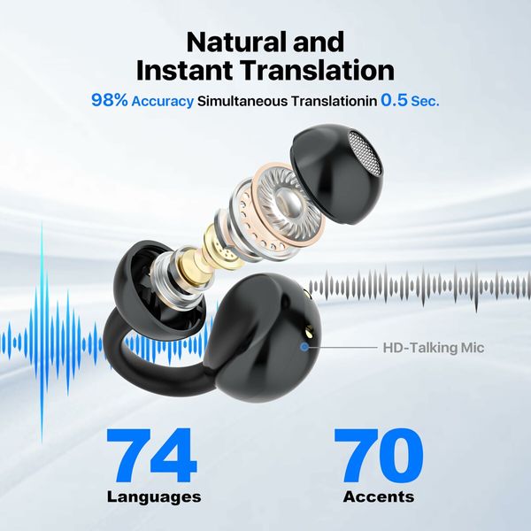 Language Translation Earbuds, 3-in-1 Free-Clip Translator Earbuds, 144-language Real-time Two-Way Translation Device, for Travel & Business,Black