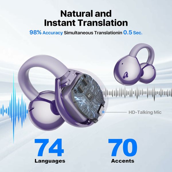 Language Translation Earbuds, 3-in-1 Free-Clip Translator Earbuds, 144-language Real-time Two-Way Translation Device, for Travel & Business, Purple