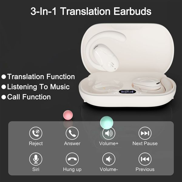 3-in-1 Language Translator Earbuds Real Time Supports 144 Languages Two Way Online Bluetooth Instant Voice Translation Device with APP (White)