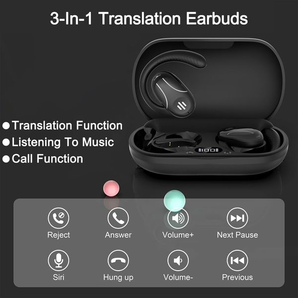 3-in-1 Language Translator Earbuds Real Time Supports 144 Languages Two Way Online Bluetooth Instant Voice Translation Device with APP (Black)