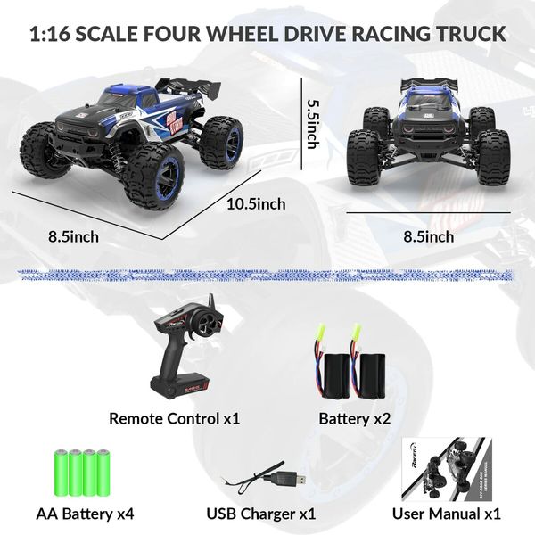 1:16 RC Truck 4x4 Hobby RC Car 40KPH High Speed Remote Control Truck,Off-Road Monster Truck with 2.4Ghz Radio Control,2 Batteries