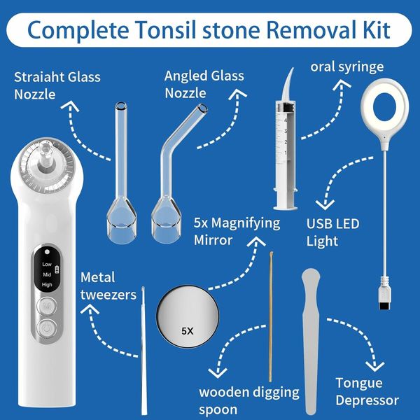 Electronic Tonsil Stone Remover Vacuum，7 in 1 Tonsil Stone Removal Kit, Fight Bad Breath, Mouth Cleaning Oral Care, White