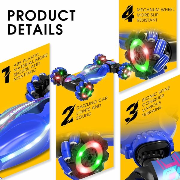 Gesture Sensing RC Stunt Car Toys for Boys Girls, 2.4GHz 4WD Hand-Controlled Remote Control Twist Car with Lights Music (Blue)