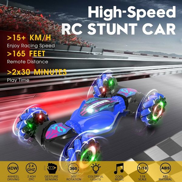 Gesture Sensing RC Stunt Car Toys for Boys Girls, 2.4GHz 4WD Hand-Controlled Remote Control Twist Car with Lights Music (Blue)