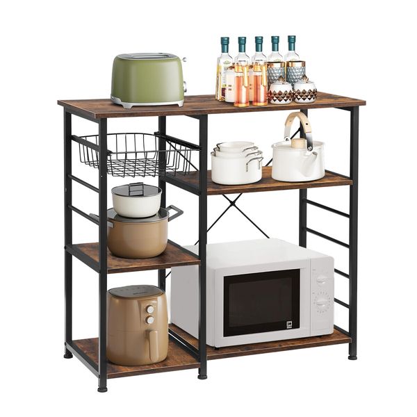 Kitchen Bakers Rack Coffee Bar Table Storage Shelf Cabinet Microwave Stand Dining Utility Organiser Unit for Cutlery Pots Pans with Pull Out Basket