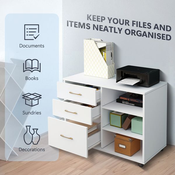 3 Drawer File Cabinet Office Filing Storage Furniture White Modern Rolling Wood Lateral Home Document Organiser Open Shelves for Letter A4 Legal Size