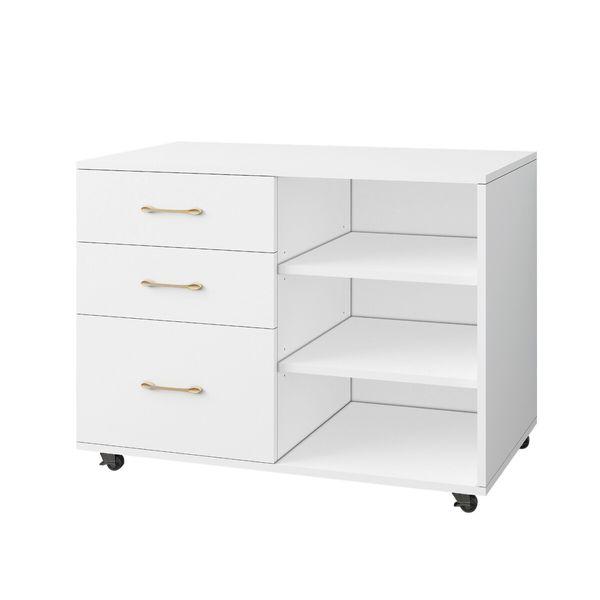 3 Drawer File Cabinet Office Filing Storage Furniture White Modern Rolling Wood Lateral Home Document Organiser Open Shelves for Letter A4 Legal Size