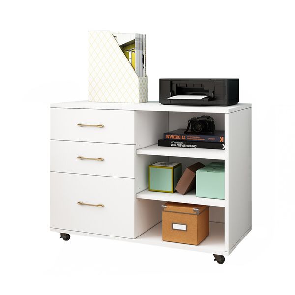 3 Drawer File Cabinet Office Filing Storage Furniture White Modern Rolling Wood Lateral Home Document Organiser Open Shelves for Letter A4 Legal Size