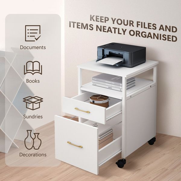 2 Drawer File Cabinet Filing Office Home Storage Furniture Modern White Wood Vertical Rolling Document Organiser Open Shelf for Letter A4 Legal Size