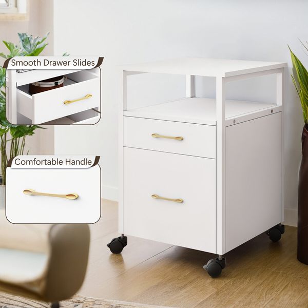 2 Drawer File Cabinet Filing Office Home Storage Furniture Modern White Wood Vertical Rolling Document Organiser Open Shelf for Letter A4 Legal Size