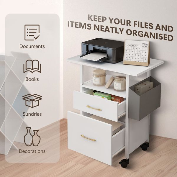 2 Drawer File Cabinet Office Home Filing Storage Furniture White Modern Wood Rolling Vertical Document Organiser Open Shelf for Letter Legal A4 Size