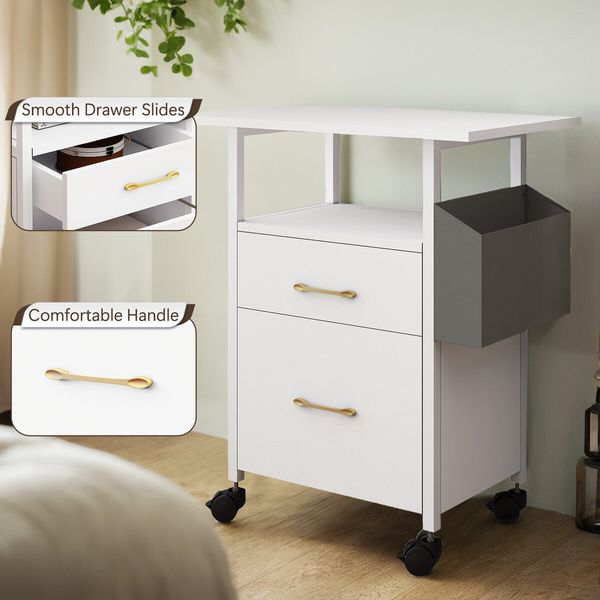 2 Drawer File Cabinet Office Home Filing Storage Furniture White Modern Wood Rolling Vertical Document Organiser Open Shelf for Letter Legal A4 Size