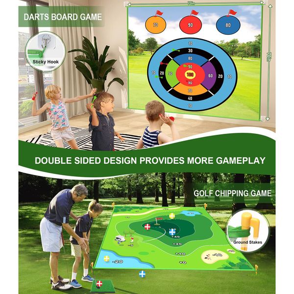 Golf Game Golf Chipping Game,Double Sided Golf Game & Golf Hitting Mat Plus,Indoor Golf Games Practice Mat with 20 Sticky Balls and 10 Darts