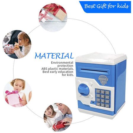 Electronic Piggy Bank Code Lock for Kids Toy, Auto Money Scroll for Children Birthday Gift (Blue/White)