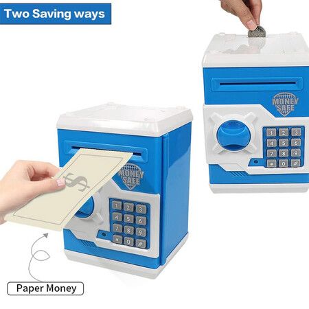 Electronic Piggy Bank Code Lock for Kids Toy, Auto Money Scroll for Children Birthday Gift (Blue/White)