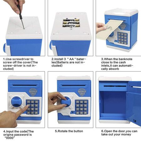 Electronic Piggy Bank Code Lock for Kids Toy, Auto Money Scroll for Children Birthday Gift (Blue/White)