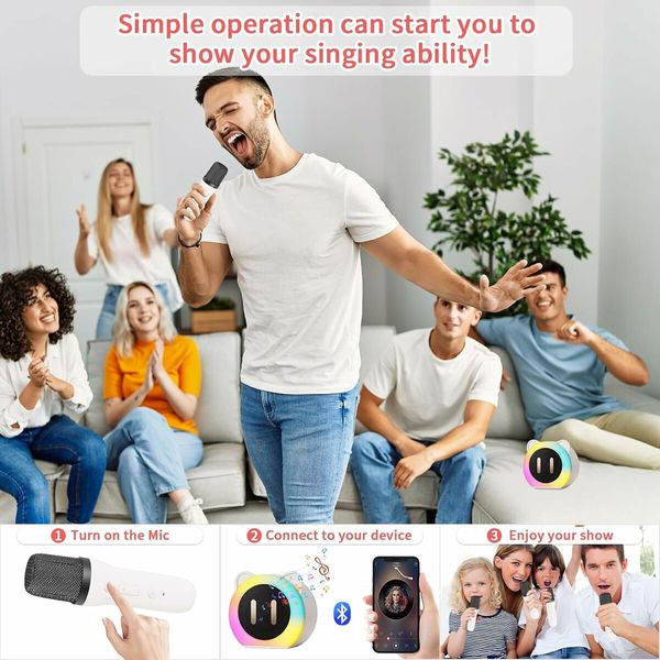 Mini Karaoke Machine, Portable Bluetooth Karaoke Speaker with 2 Wireless Microphones, Toys Birthday for Kids (White)