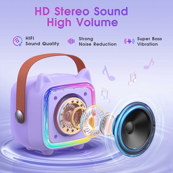 Portable Karaoke Machine with 2 Bluetooth Wireless Microphones and Light Toys Gifts for 3-14 Years Old Girls Boys (Purple)