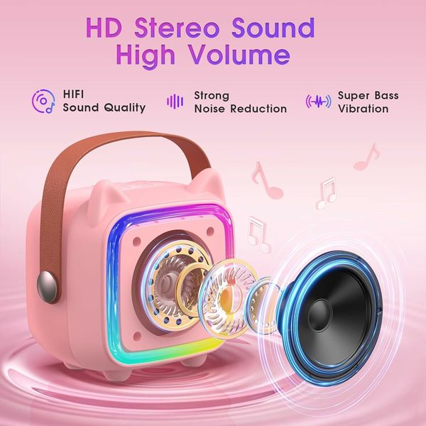 Portable Karaoke Machine with 2 Bluetooth Wireless Microphones and Light Toys Gifts for 3-14 Years Old Girls Boys (Pink)