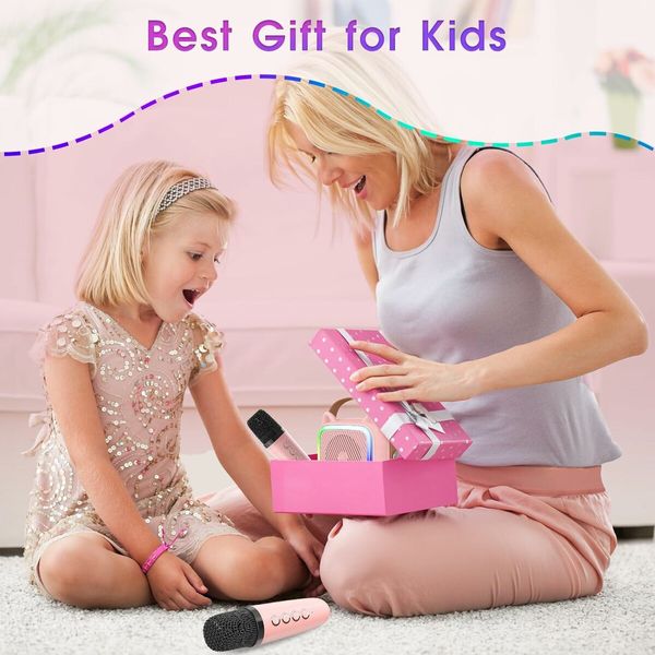 Portable Karaoke Machine with 2 Bluetooth Wireless Microphones and Light Toys Gifts for 3-14 Years Old Girls Boys (Pink)