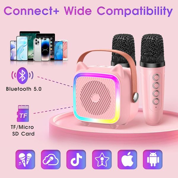 Portable Karaoke Machine with 2 Bluetooth Wireless Microphones and Light Toys Gifts for 3-14 Years Old Girls Boys (Pink)