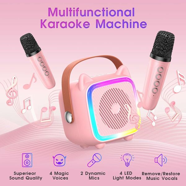 Portable Karaoke Machine with 2 Bluetooth Wireless Microphones and Light Toys Gifts for 3-14 Years Old Girls Boys (Pink)