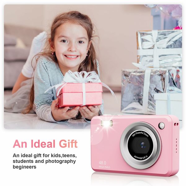 Digital Camera,FHD Camera with 32GB Card,Lanyard,16X Zoom Anti Shake,48MP Compact Portable Small Point Shoot Camera Gift (Pink)