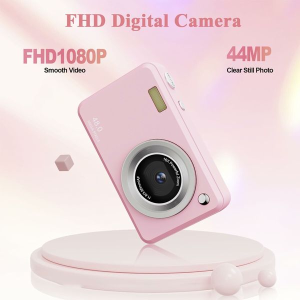 Digital Camera,FHD Camera with 32GB Card,Lanyard,16X Zoom Anti Shake,48MP Compact Portable Small Point Shoot Camera Gift (Pink)