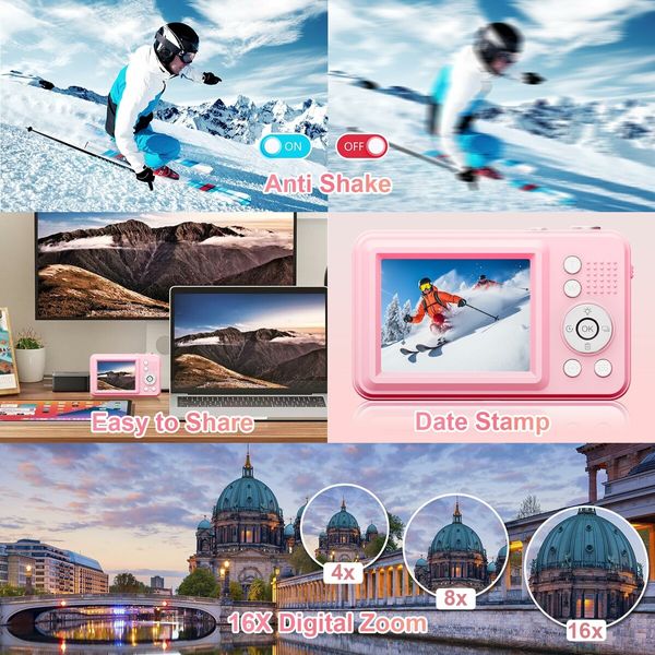 Digital Camera,FHD Camera with 32GB Card,Lanyard,16X Zoom Anti Shake,48MP Compact Portable Small Point Shoot Camera Gift (Pink)