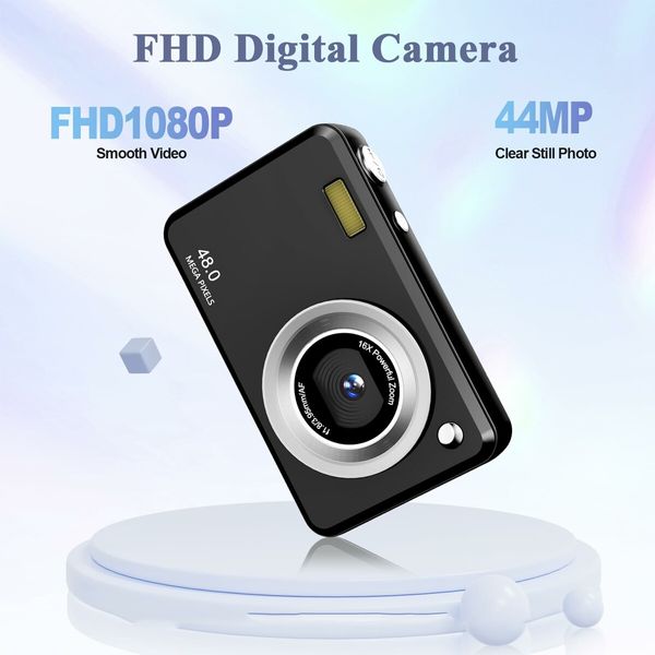 Digital Camera,FHD Camera with 32GB Card,Lanyard,16X Zoom Anti Shake,48MP Compact Portable Small Point Shoot Camera Gift (Black)