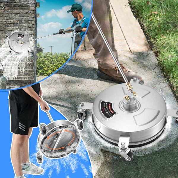 15 Inch High Pressure Washer Surface Cleaner Concrete Driveway Scrubber Wheel Stainless Steel 4000PSI Power Extension Wand 1/4” Connector Spray Nozzle