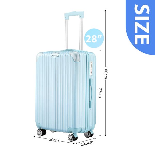 28 Inch Carry On Luggage Travel Suitcase Lightweight Hard Bag Cabin Rolling Trolley Checked TSA Lock Front Hook Pale Blue