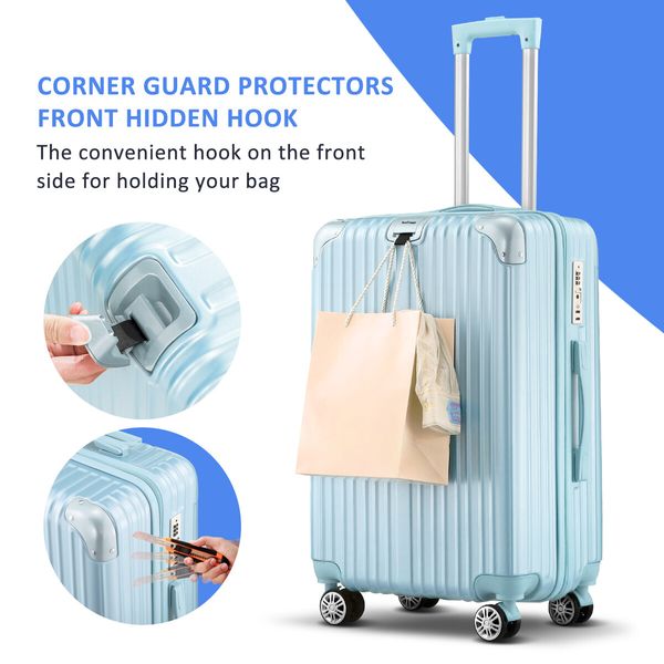 28 Inch Carry On Luggage Travel Suitcase Lightweight Hard Bag Cabin Rolling Trolley Checked TSA Lock Front Hook Pale Blue