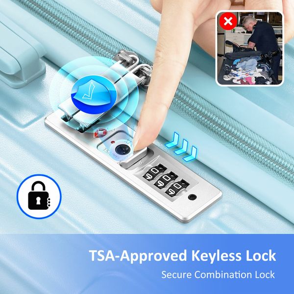 28 Inch Carry On Luggage Travel Suitcase Lightweight Hard Bag Cabin Rolling Trolley Checked TSA Lock Front Hook Pale Blue