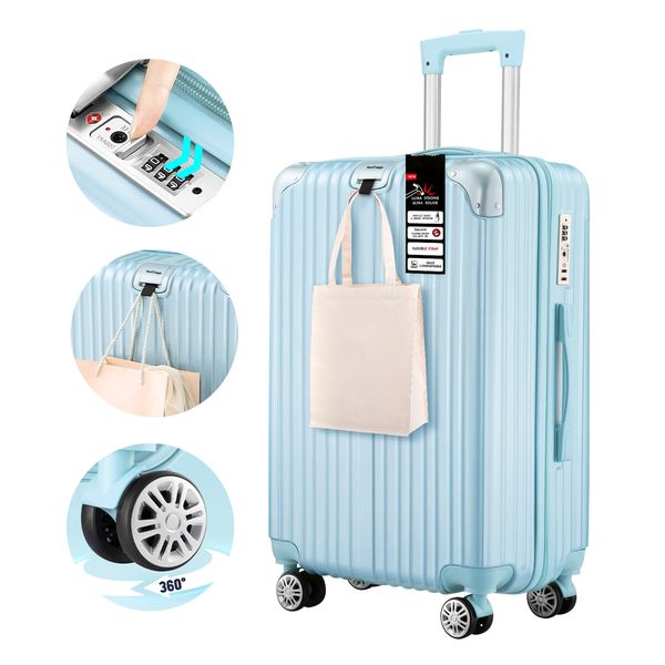 28 Inch Carry On Luggage Travel Suitcase Lightweight Hard Bag Cabin Rolling Trolley Checked TSA Lock Front Hook Pale Blue