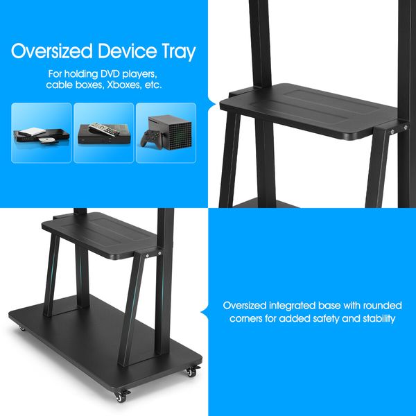 Mobile TV Stand Mount Bracket Trolley 50-98 Inch LED LCD Screen Monitor Television Cart with Media Storage Shelf Wheels Adjustable Freestanding Black